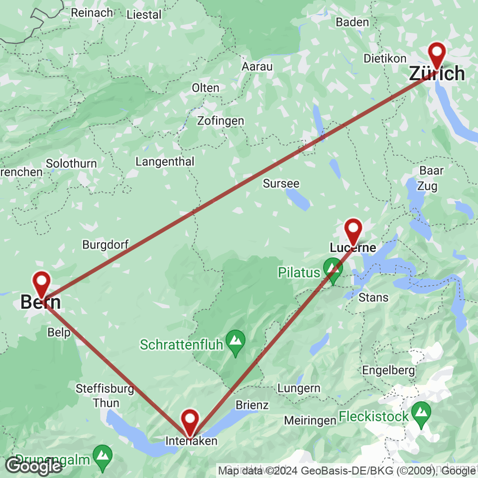 Route for Lucerne, Interlaken, Bern, Zurich tour